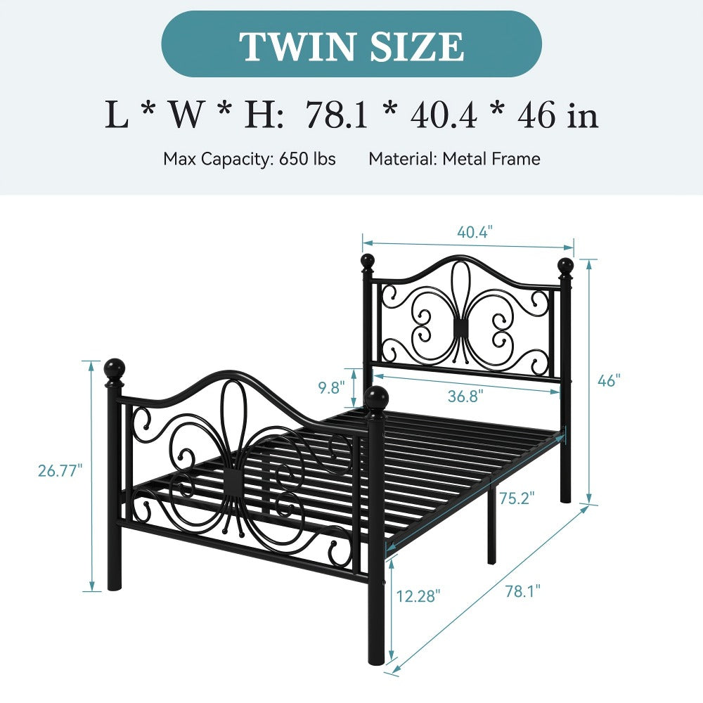 Metal Platform Bed Frame with Butterfly Pattern Headboard & Footboard – No Box Spring Required, Easy Assembly | Modern Decorative Bed Frame for Bedroom | Furn Mivo