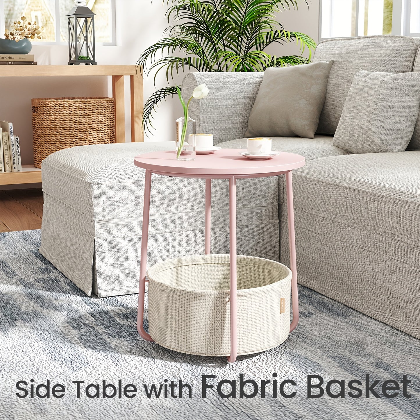 Small Round Side End Table with Fabric Basket Storage Modern Nightstand Accent Table for Bedroom Living Room Sofa 6 Colors Available