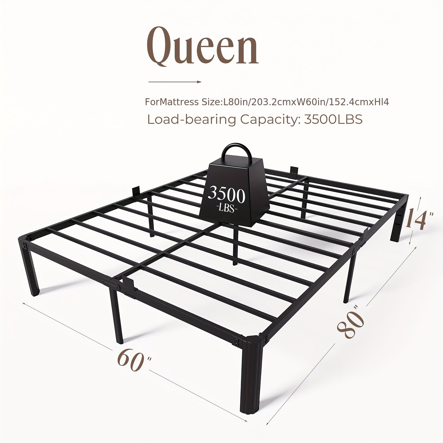 14 Inch Black Metal Bed Frame, King/Queen/Full/Twin Upgraded Rounded Fan-shaped Legs, 4 Mattress Limiters, 3500LBS Heavy-duty Steel Bars, No Need for Springs, No Noise, Reinforced Large Storage Space Below, Not Including Headboard, Easy to Assemble