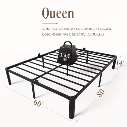 14 Inch Black Metal Bed Frame, King/Queen/Full/Twin Upgraded Rounded Fan-shaped Legs, 4 Mattress Limiters, 3500LBS Heavy-duty Steel Bars, No Need for Springs, No Noise, Reinforced Large Storage Space Below, Not Including Headboard, Easy to Assemble