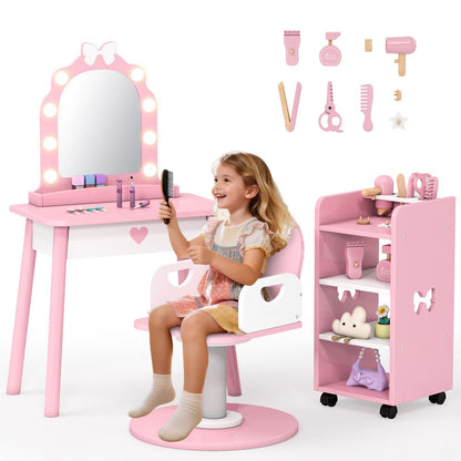 Kids Vanity Set with Light and Barber Chair, Pink Makeup Dressing Vanity Table with Storage Shelf and Hair Salon Play Set 7pcs Accessories, Pretend Play Vanity Set for Toddler Girls