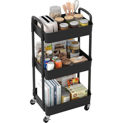 3-Tier Plastic Rolling Utility Cart with Handle, Multi-Functional Storage Trolley for Office, Living Room, Kitchen, Movable Storage Organizer with Wheels