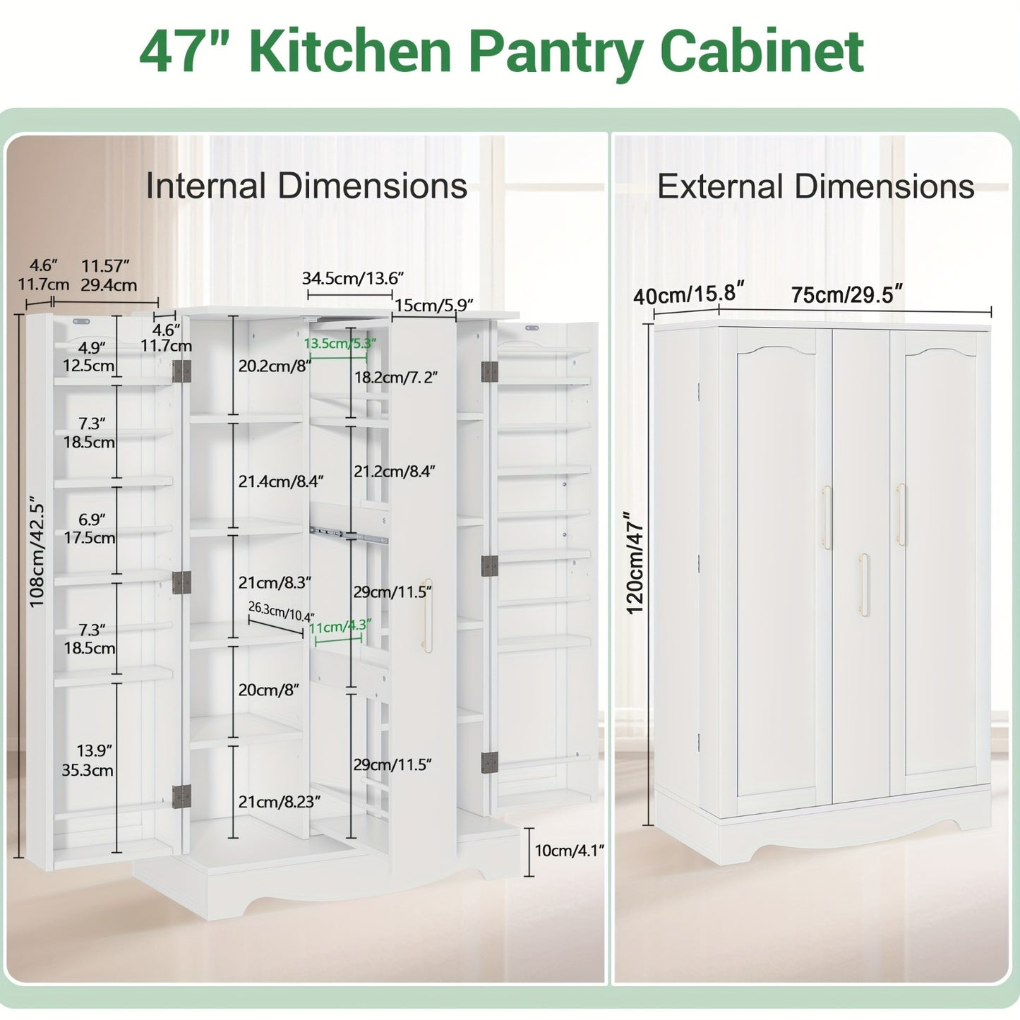 47 Inches Pantry Cabinet Cupboard with Drawer, Kitchen Pantry Storage Cabinet with Adjustable Shelves, Kitchen Organizer And Storage, White Buffet Cupboards Sideboard for Kitchen, Dining Room