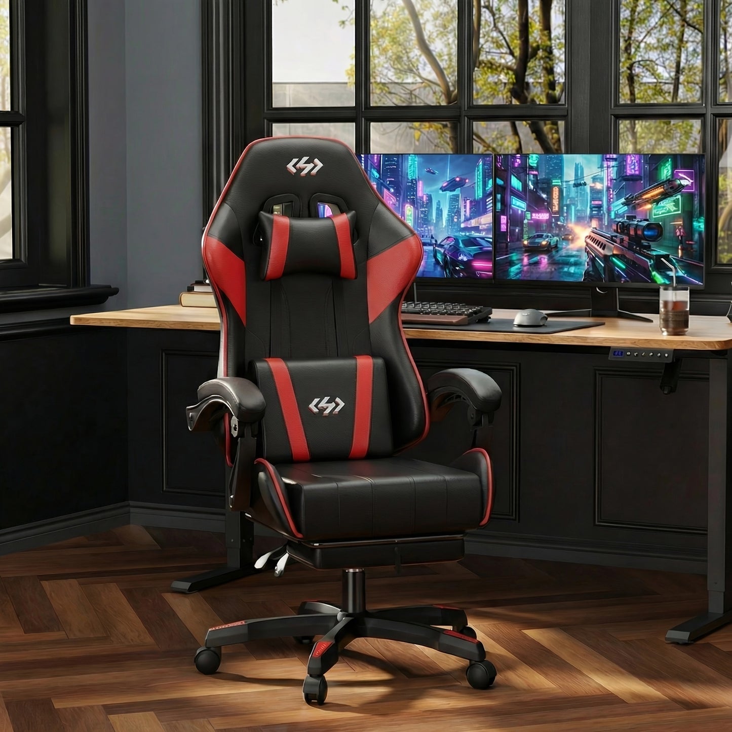 Ergonomic Gaming Chair with Spring Cushion, Retractable Footrest, Headrest & Lumbar Support, PU Leather Swivel Computer Desk Chair for Office & Gaming