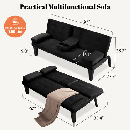 67"modern Convertible Futon Sofa Bed - Two Thicknesses Of Seat Cushion to Choose From Adjustable Folding Bed with Detachable Armrests And Cup Holders, Space Saving Design for Living Rooms, Apartments, And Dormitories, Modern And Durable Interior