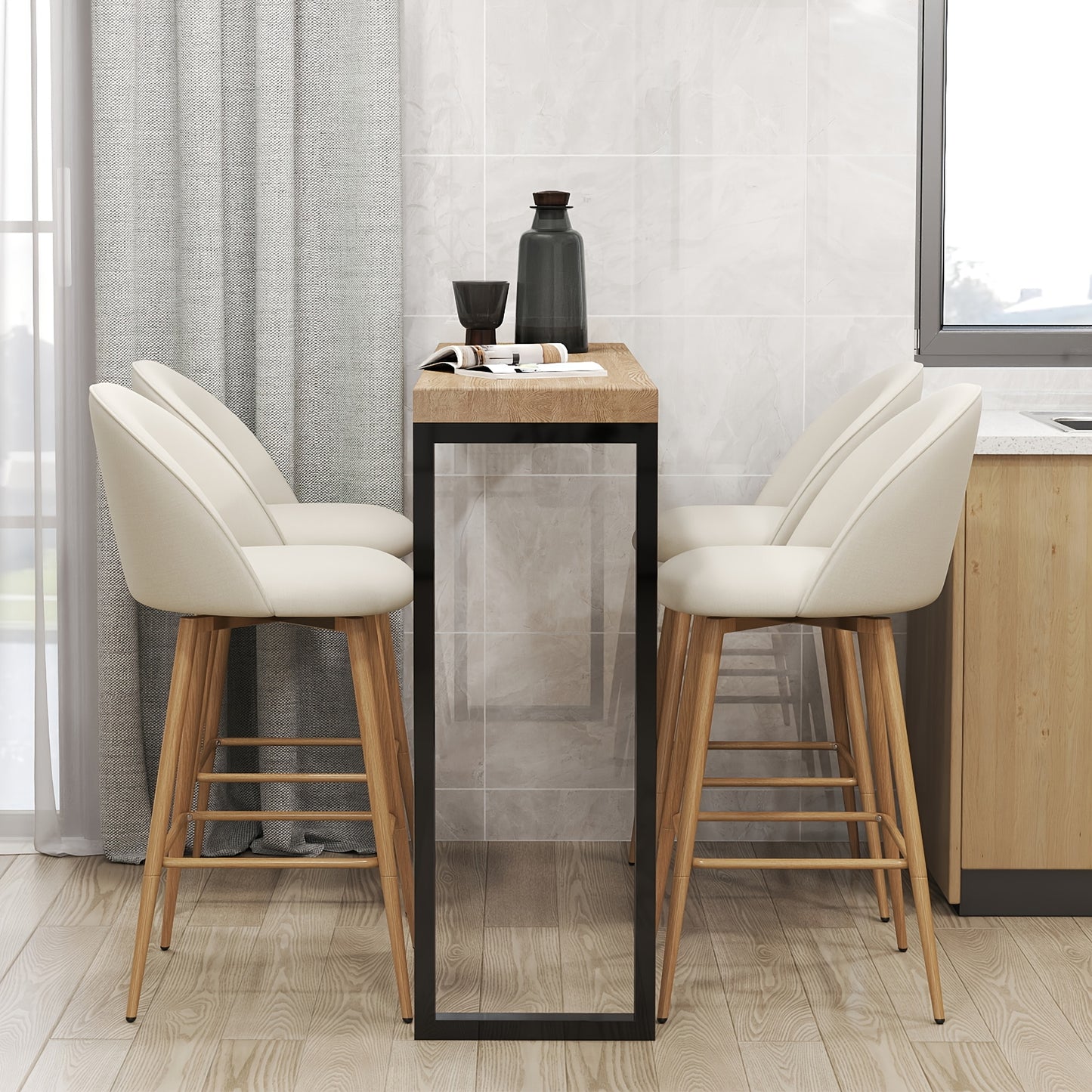 Homy Casa Set Of 1/2/3/4 Upholstered Swivel Counter Stools, 26-Inch, Industrial Style, Beige Fabric Seat with Footrest & Oak-Finish Legs, Ideal for Kitchen Islands Or Dining Areas