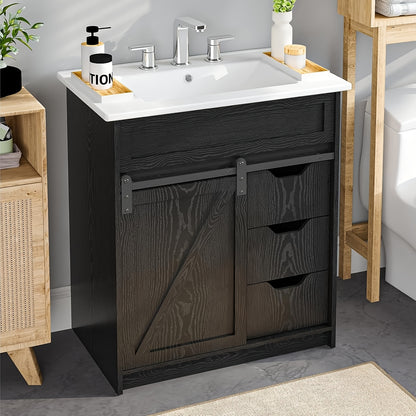 30 Inch Cottage Style Bathroom Vanity with Sink - Solid Wood Cabinet 3 Drawers Barn Door Sliding Shelf Ceramic Undermount Sink Modern Farmhouse Design