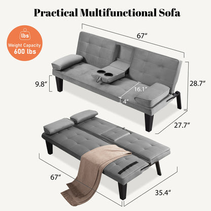 67"modern Convertible Futon Sofa Bed - Two Thicknesses Of Seat Cushion to Choose From Adjustable Folding Bed with Detachable Armrests And Cup Holders, Space Saving Design for Living Rooms, Apartments, And Dormitories, Modern And Durable Interior