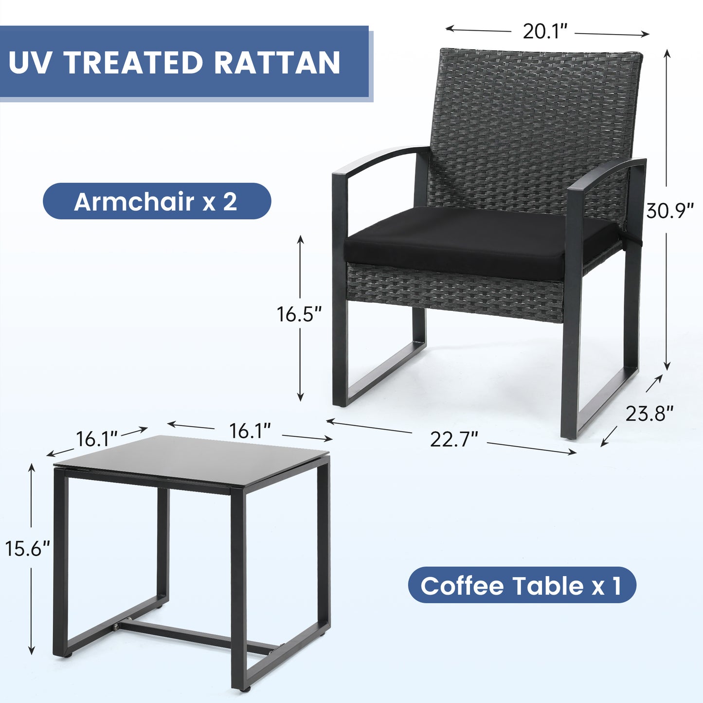 Outdoor Chairs with Bistro Table Furniture Set, Wicker Rattan 3pc Conversation Set includes 2 Waterproof Chairs with Thick Cushions and 1 Bistro Table with Safety Glass Top, Clearance