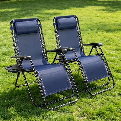 2pcs Zero Gravity Chairs, Outdoor Folding Recliner Lounge Chair, Breathable Fabric Adjustable Reclining Patio Chair With Cup Holder Trays & Headrest Pillow For Beach Camping Poolside Backyard Garden Lawn
