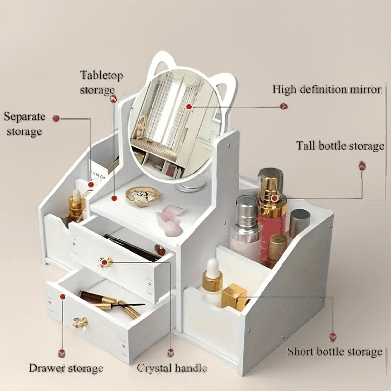 Elegant White Makeup Mirror with Storage Cabinet, Polished Surface, Space-Saving Design, Durable High-Quality Material, Sturdy Structure, Manual Assembly, Suitable for Cosmetics and Jewelry Storage