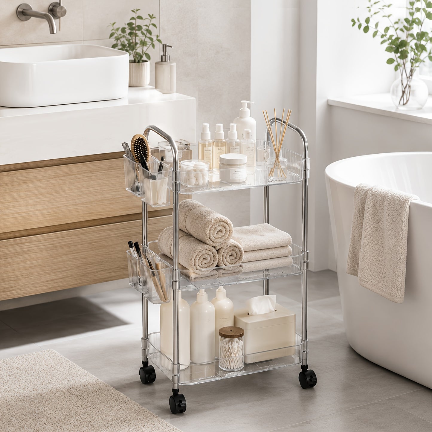 3-Tier Acrylic Rolling Storage Cart with 3 Hanging Storage Boxes, Rolling Cart for Cosmetics, Books, Snacks, Durable Acrylic Material, Under 27" Height, Versatile Bathroom Cart, Utility Carts, Snack Cart, Acrylic Bar Cart