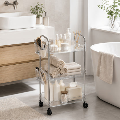 3-Tier Acrylic Rolling Storage Cart with 3 Hanging Storage Boxes, Rolling Cart for Cosmetics, Books, Snacks, Durable Acrylic Material, Under 27" Height, Versatile Bathroom Cart, Utility Carts, Snack Cart, Acrylic Bar Cart