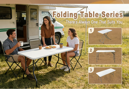Folding Table 2.5/4/6FT Portable Heavy Duty Plastic Fold-in-Half Utility Table Portable Dining Table Indoor Outdoor Adjustable Height Folding with Carrying Handle, Locks, Camping and Party, Picnic Table -White/Black