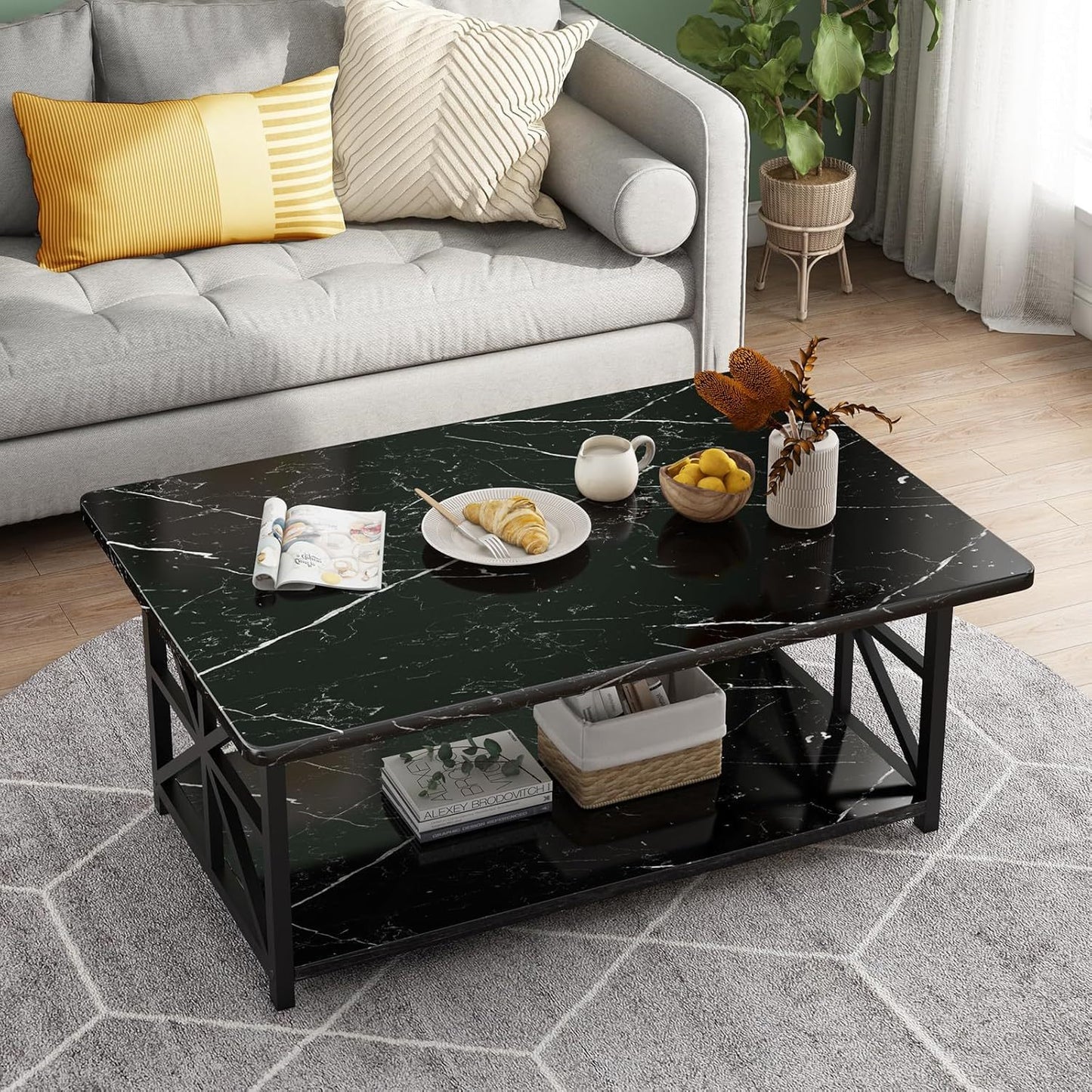 LTTROMAT Modern Coffee Table for Living Room, Faux Marble 2-Tier Coffee Table with MDF Broad & Metal Frame, Farmhouse Style Rectangular Center Table for Small Space, Space Saving Tea Table for Bedroom, Kitchen, Office