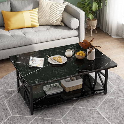 LTTROMAT Modern Coffee Table for Living Room, Faux Marble 2-Tier Coffee Table with MDF Broad & Metal Frame, Farmhouse Style Rectangular Center Table for Small Space, Space Saving Tea Table for Bedroom, Kitchen, Office
