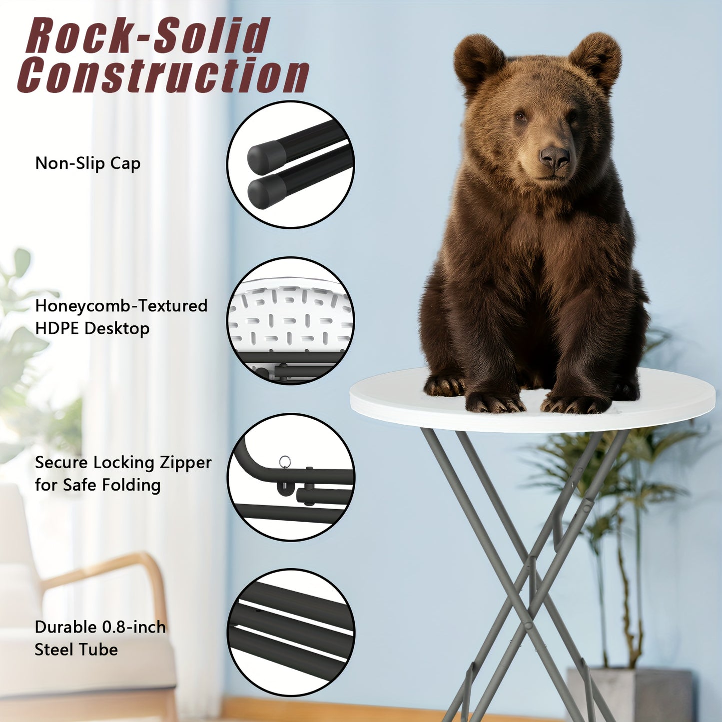 32" Round Folding Table, World Game-Day Ready, Portable Plastic Table, Suitable for Fiesta Night, Party, Camping, Patio Gatherings, Events, Bar Table, Featuring A Thickened Tabletop, Metal Frame, Locking Legs, Indoor/outdoor, 2pcs Set, White/Black