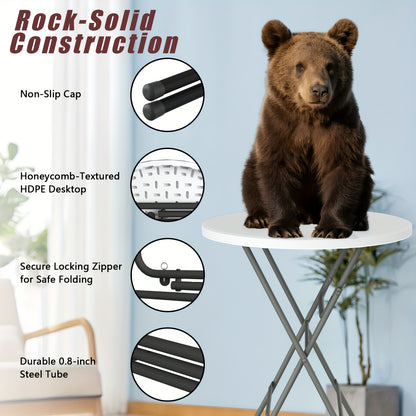 32" Round Folding Table, World Game-Day Ready, Portable Plastic Table, Suitable for Fiesta Night, Party, Camping, Patio Gatherings, Events, Bar Table, Featuring A Thickened Tabletop, Metal Frame, Locking Legs, Indoor/outdoor, 2pcs Set, White/Black