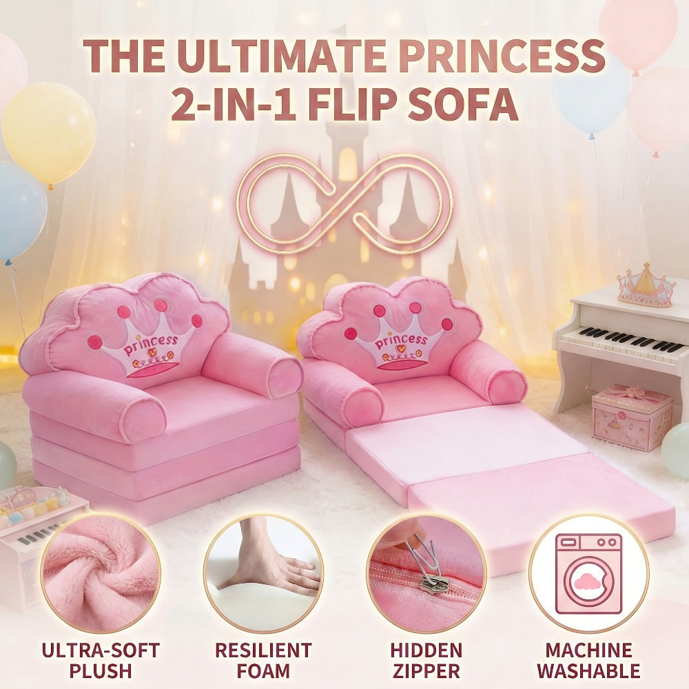 Kids Sofa Princess Crown Pink - 2-in-1 Flip Open Kids Couch & Lounger | Machine Washable Plush Cover & Certified Safe Foam | Dreamy Reading Nook Chair For Girls
