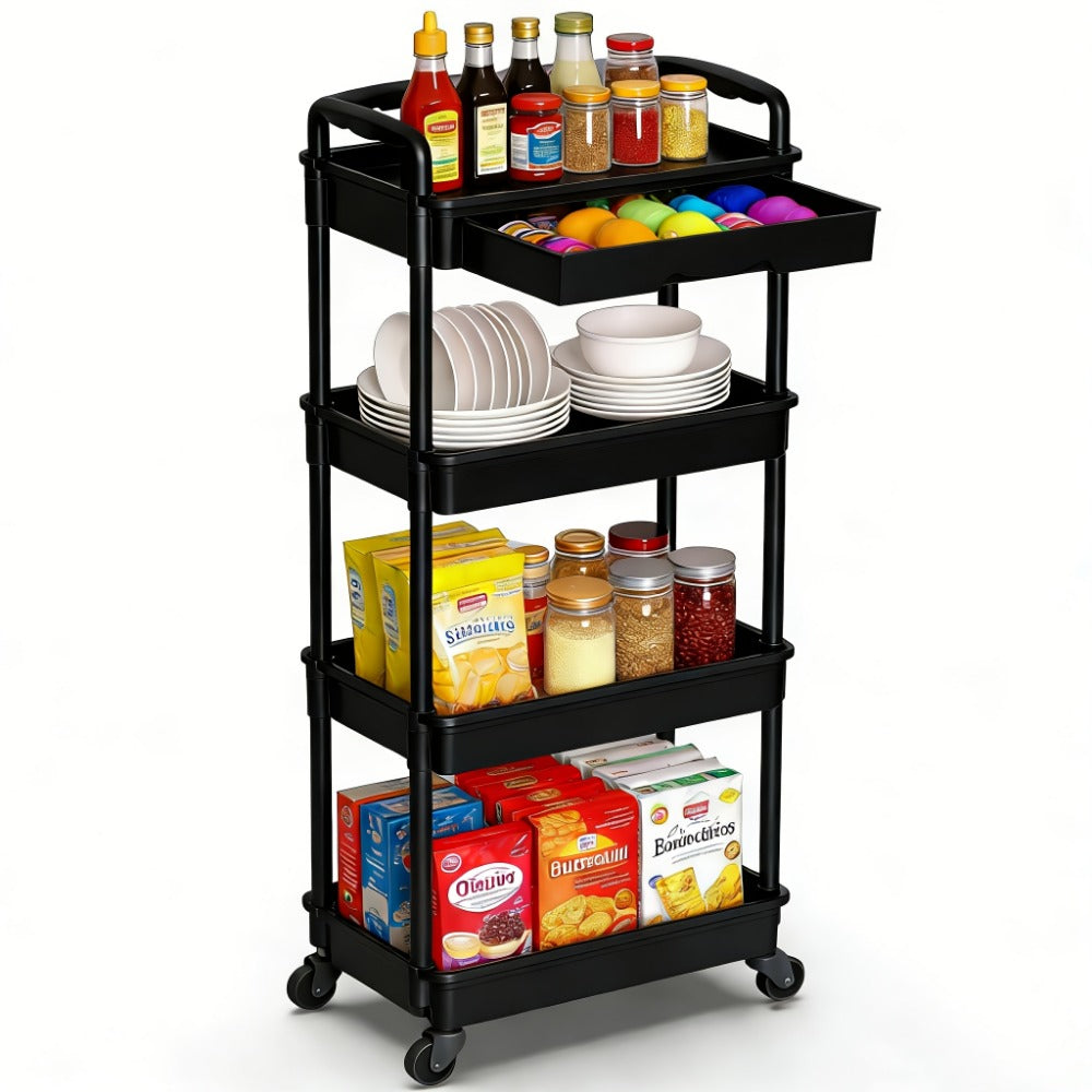 Rolling Storage Cart with Drawers 3 or 4 Tier Plastic Organizer Lockable Wheels Cup Holder Hooks for Kitchen Bathroom Living Room Bedroom Purple Black Blue Green Grey Pink White