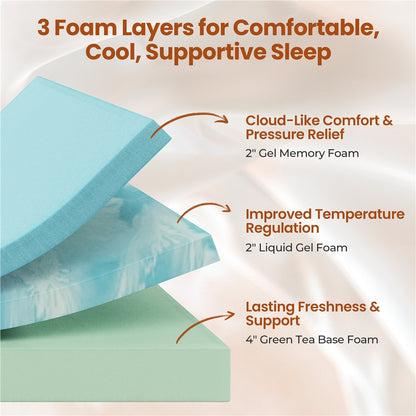 Costoffs 8/10/12in Gel Memory Foam Mattress, Medium Firm Bed with Green Tea Scent & 3-Layer Support for Dorm, Guest Room, Bunk Bed, Furniture for Home, Christmas Gift