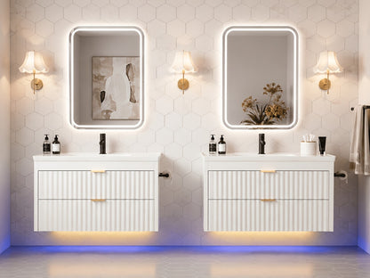 24" 2pcs/1pc Bathroom Vanity with Sink, 24" Floating Bathroom Vanity with LED, 24" with 3-Hole Ceramic Vanity Sink, Wave Line Design, 2pcs Soft-Close Drawers, Wall-Mounted Cabinet for Small Spaces, Black/White