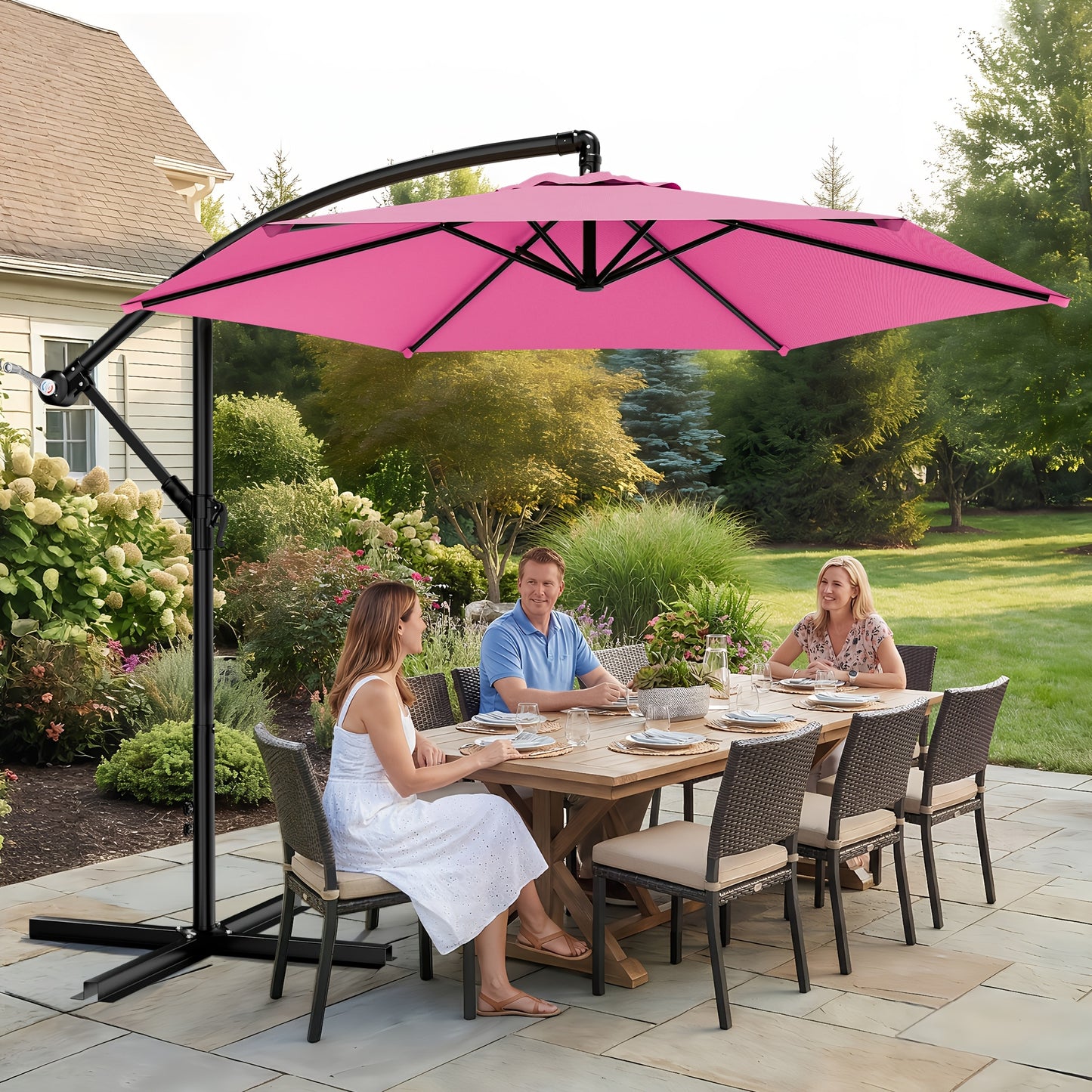 10-Foot Patio Umbrella, Cantilever Style for Outdoor Use, Featuring an Adjustable Tilt And Crank Mechanism, Supported by 8 Robust Ribs, Designed for Durability with Wind-Resistant UV Protection, Perfect for Pool Decks, Lawns, Backyards, And Gardens