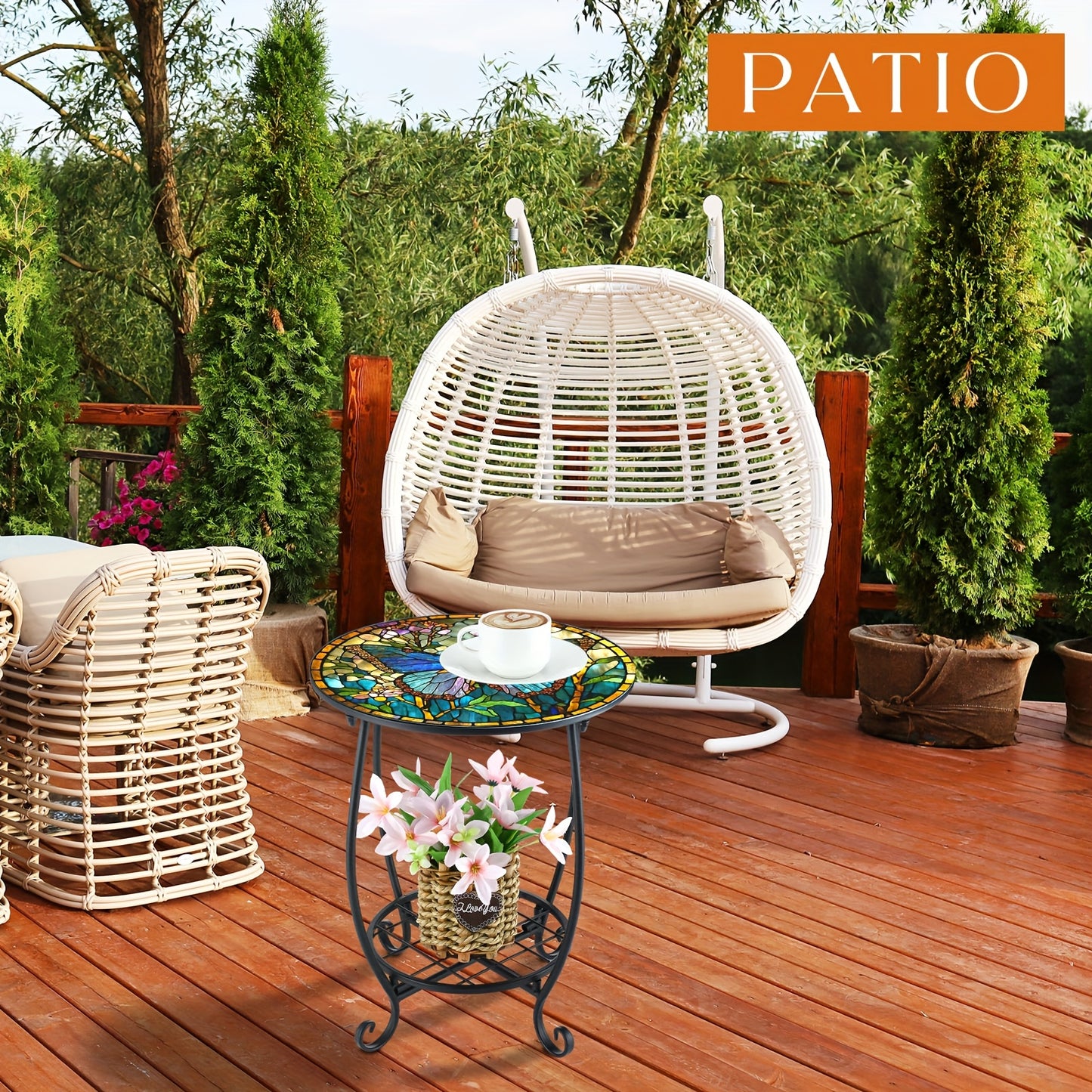 Outdoor Side Table - Round Mosaic Design, Perfect for Patios, Porches, Gardens, Living Rooms, And Bedrooms - Space-saving Modern Indoor/ Outdoor Furniture, Outdoor Patio Furniture, Garden Accessories