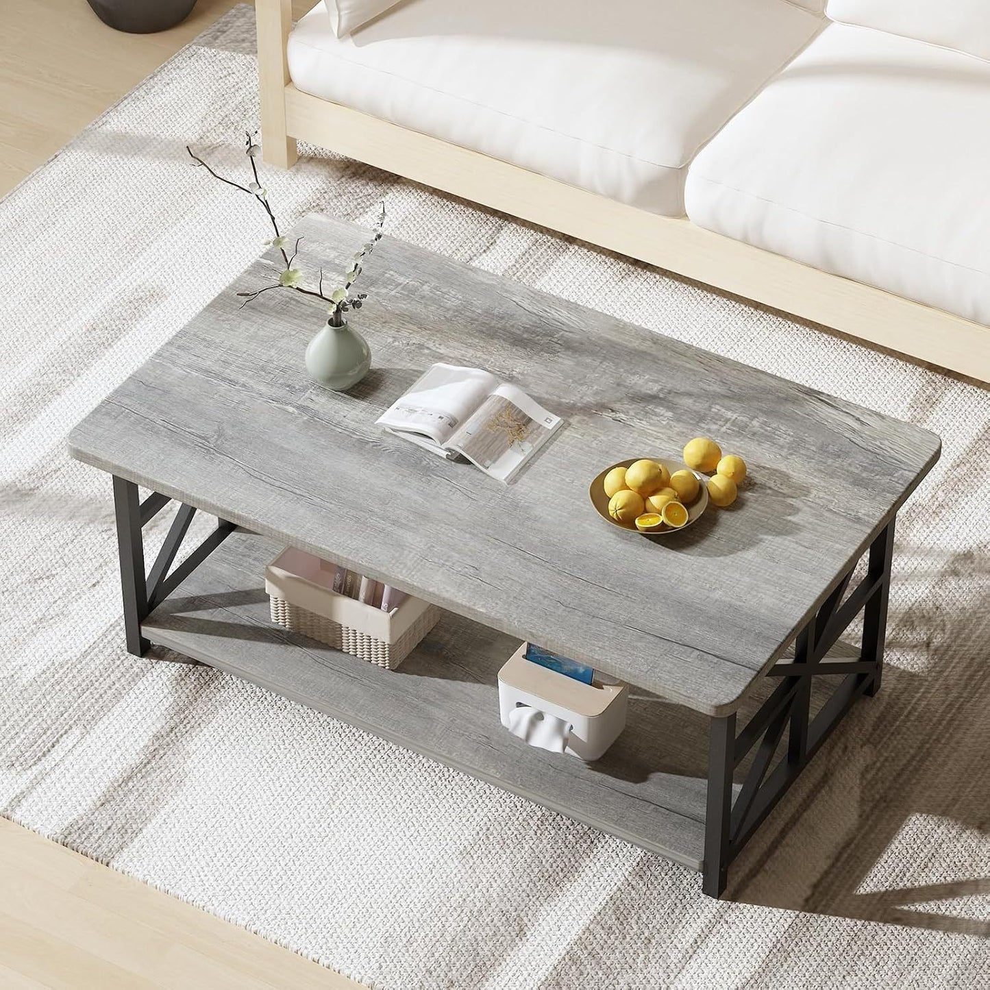 LTTROMAT Modern Coffee Table for Living Room, Faux Marble 2-Tier Coffee Table with MDF Broad & Metal Frame, Farmhouse Style Rectangular Center Table for Small Space, Space Saving Tea Table for Bedroom, Kitchen, Office