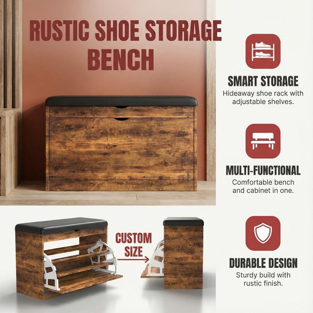 Shoe Cabinet Storage Stool with Hidden Compartment & Thickened Cushion – Compact Entryway Bench for Corridor, Living Room & Door, White & Wood