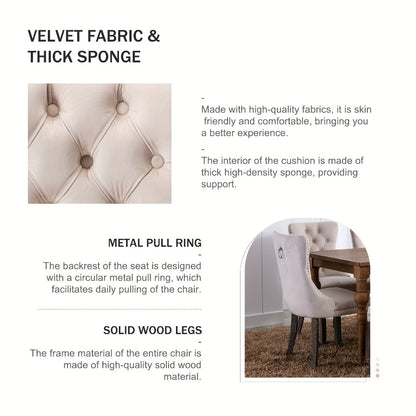 Velvet Wingback Dining Chairs Set of 2 with Tufted Button Back and Ring Pull Trim - Luxury Upholstered Chairs for Dining Room Living Room and Bedroom
