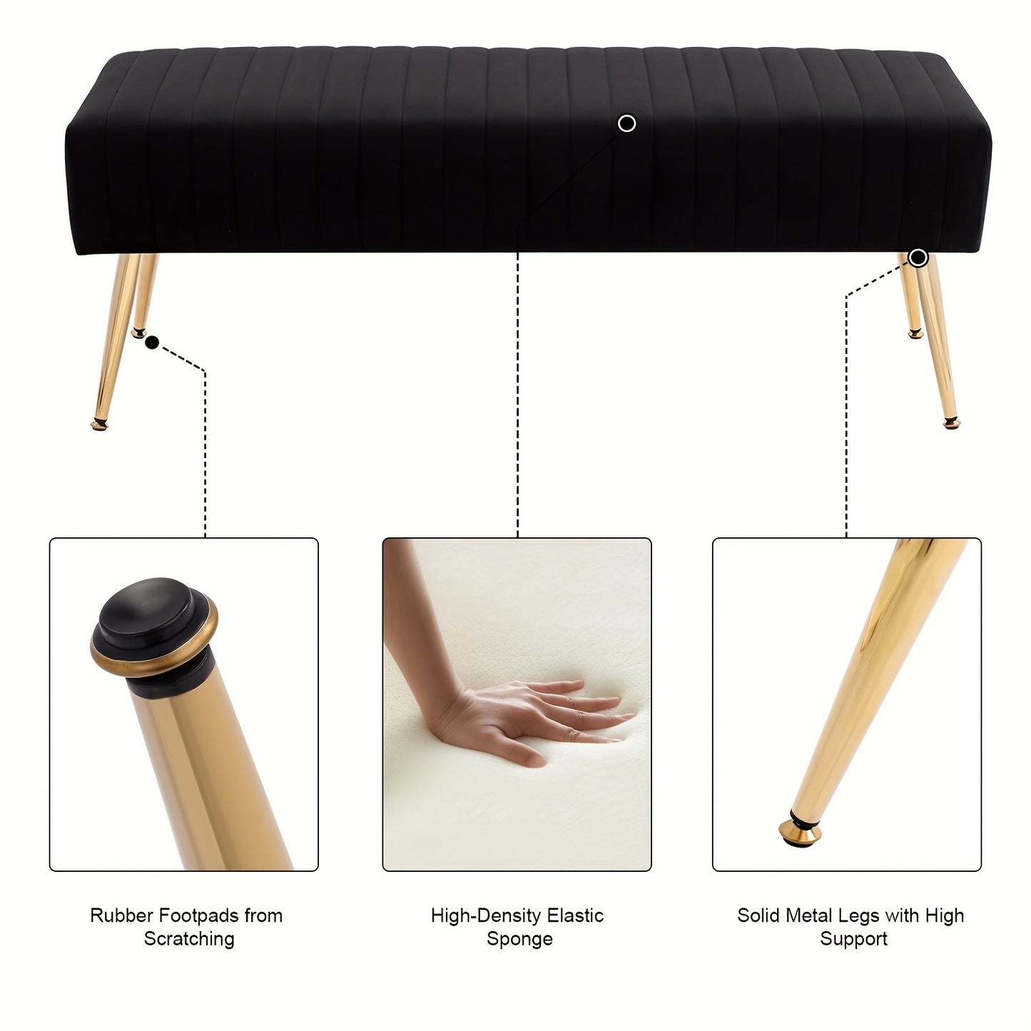 Luxury Shoe Changing Bench with Gold-Plated Legs & Velvet - 44-Inch Bedside Entryway Furniture, Sturdy Frame, Footrest, Step Stool for Bedroom End or Door - Elegant Storage Bench for Decor