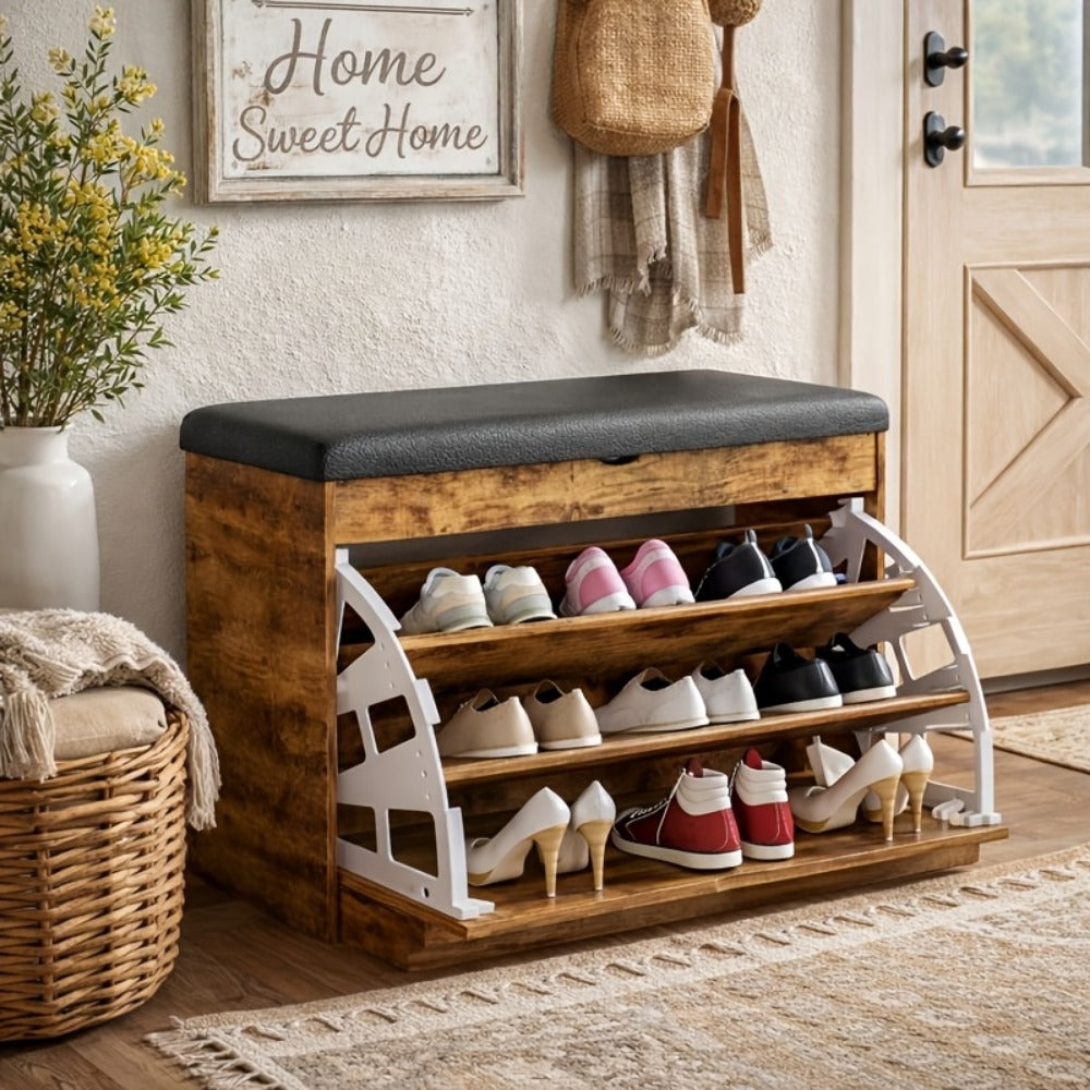 Shoe Cabinet Storage Stool with Hidden Compartment & Thickened Cushion – Compact Entryway Bench for Corridor, Living Room & Door, White & Wood