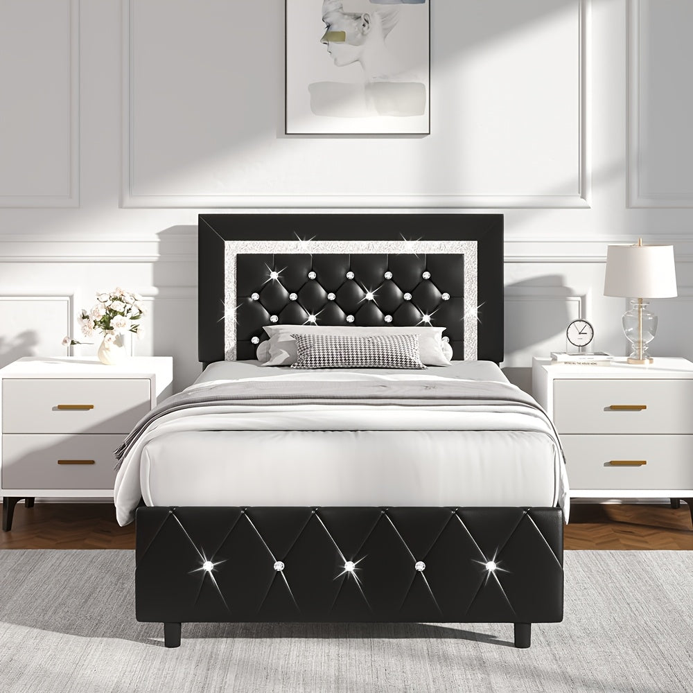Upholstered Platform Bed Frame with Button-Tufted Diamond Headboard – Wooden Slats, No Box Spring Needed, Twin Full Queen King, Black White Pink Green Gray Beige