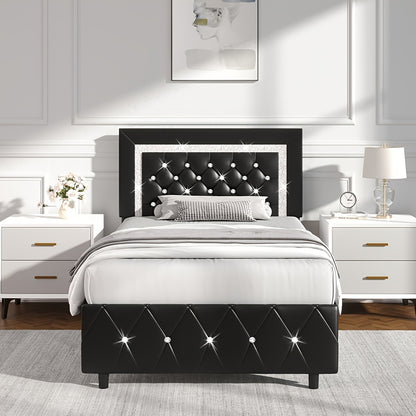 Upholstered Platform Bed Frame with Button-Tufted Diamond Headboard – Wooden Slats, No Box Spring Needed, Twin Full Queen King, Black White Pink Green Gray Beige