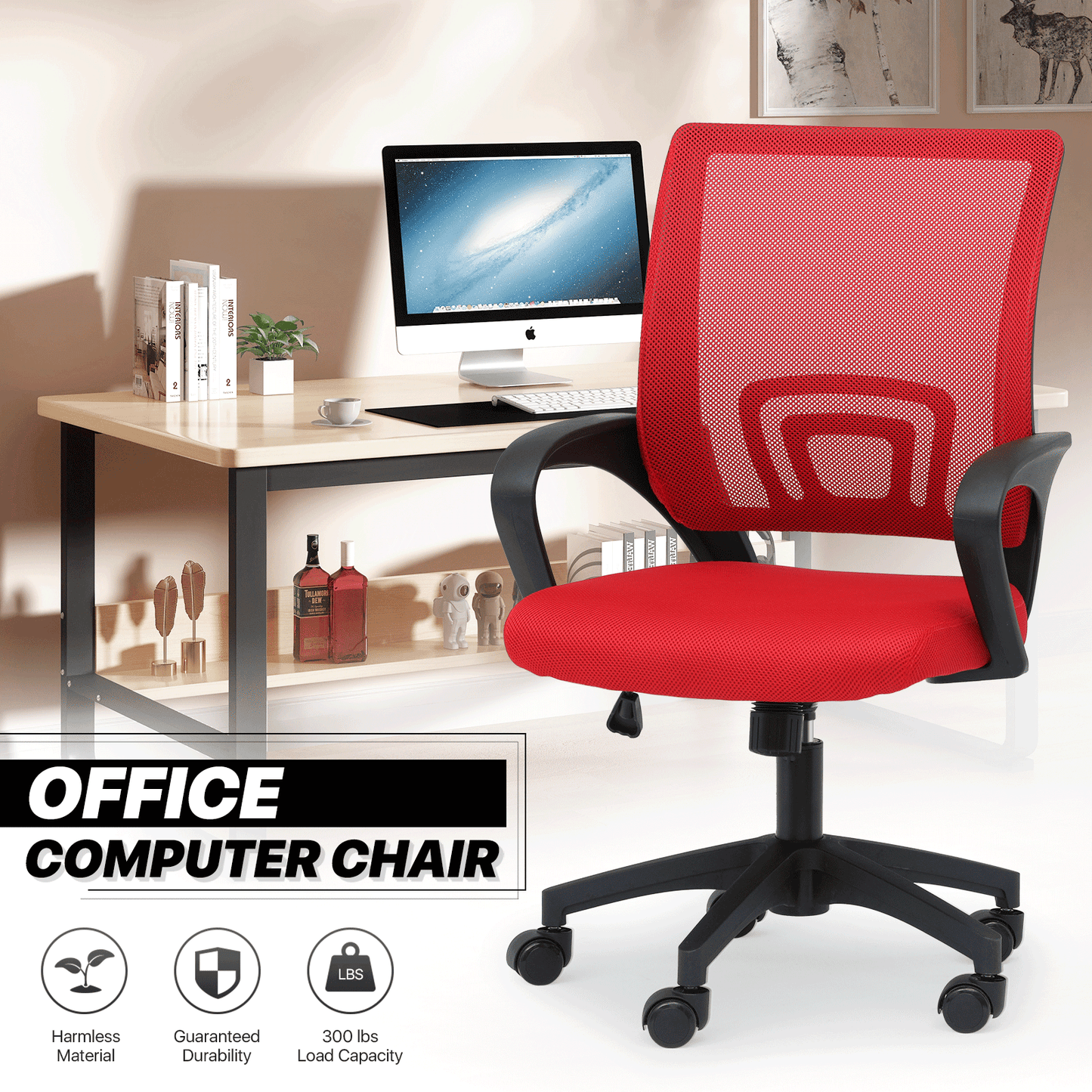 Mesh Office Home Chair, Mid Back Ergonomic Rolling Swivel Chair with Padded Seat and Armrest