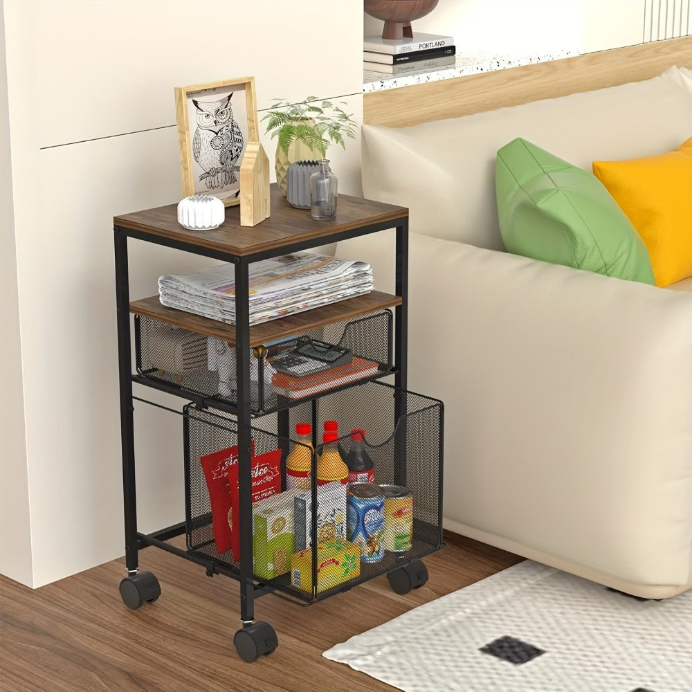 Rolling File Cart with Drawer for Hanging File Folders – Under Desk Office Cart with Paper Trays, Wood & Mesh 3-in-1 File Organizer, 14.8"L x 11.8"D x 27.7"H