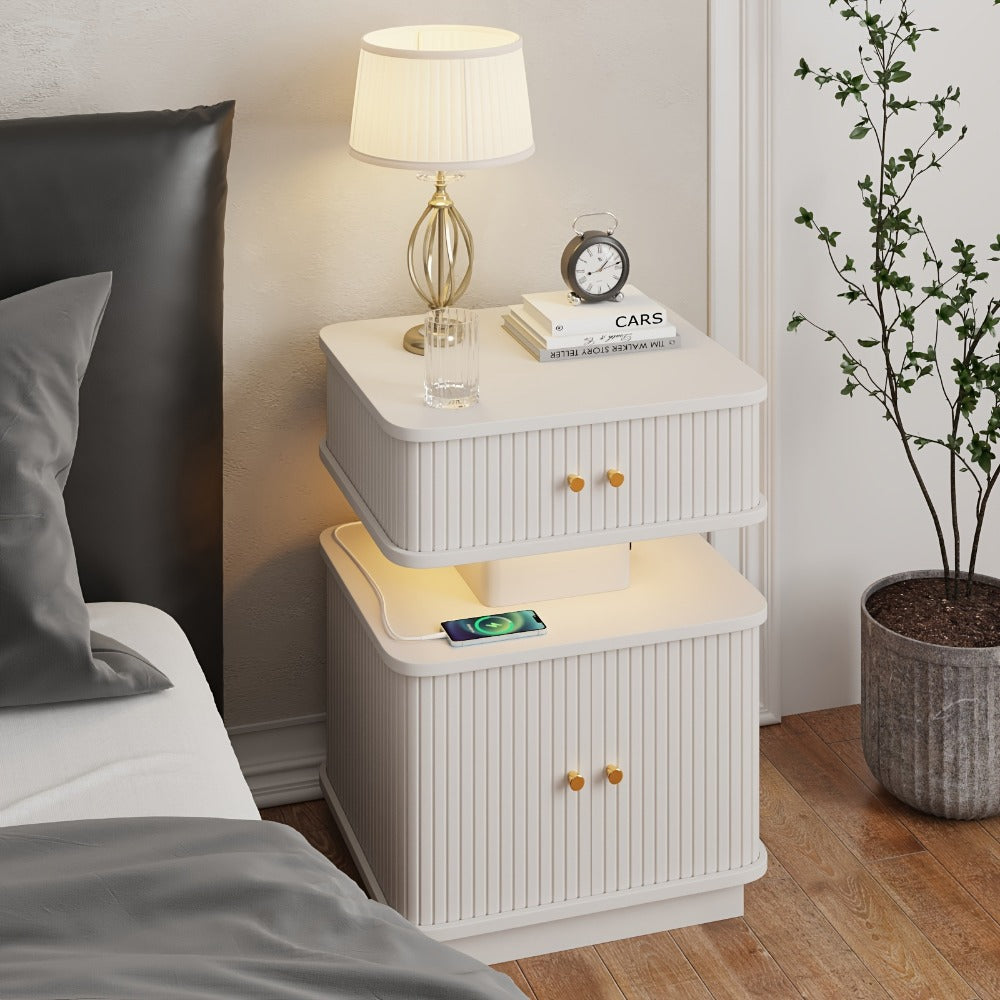 Nightstand with Charging Station and LED Light Strip, 2 Drawers Sliding Door Bedside Table with USB-A & USB-C Ports, Fluted Panel Design, Set of 1 or 2, Black & White