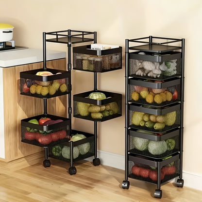 Rotating Kitchen Storage Shelf 5 Tier, Metal Fruit Vegetable Storage Basket Multi-Layer Vegetable Rack Storage Trolley on Wheels, Floor-Standing Basket for Kitchen Bathroom, Square