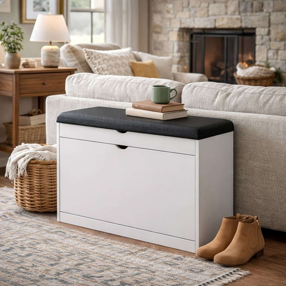 Shoe Cabinet Storage Stool with Hidden Compartment & Thickened Cushion – Compact Entryway Bench for Corridor, Living Room & Door, White & Wood