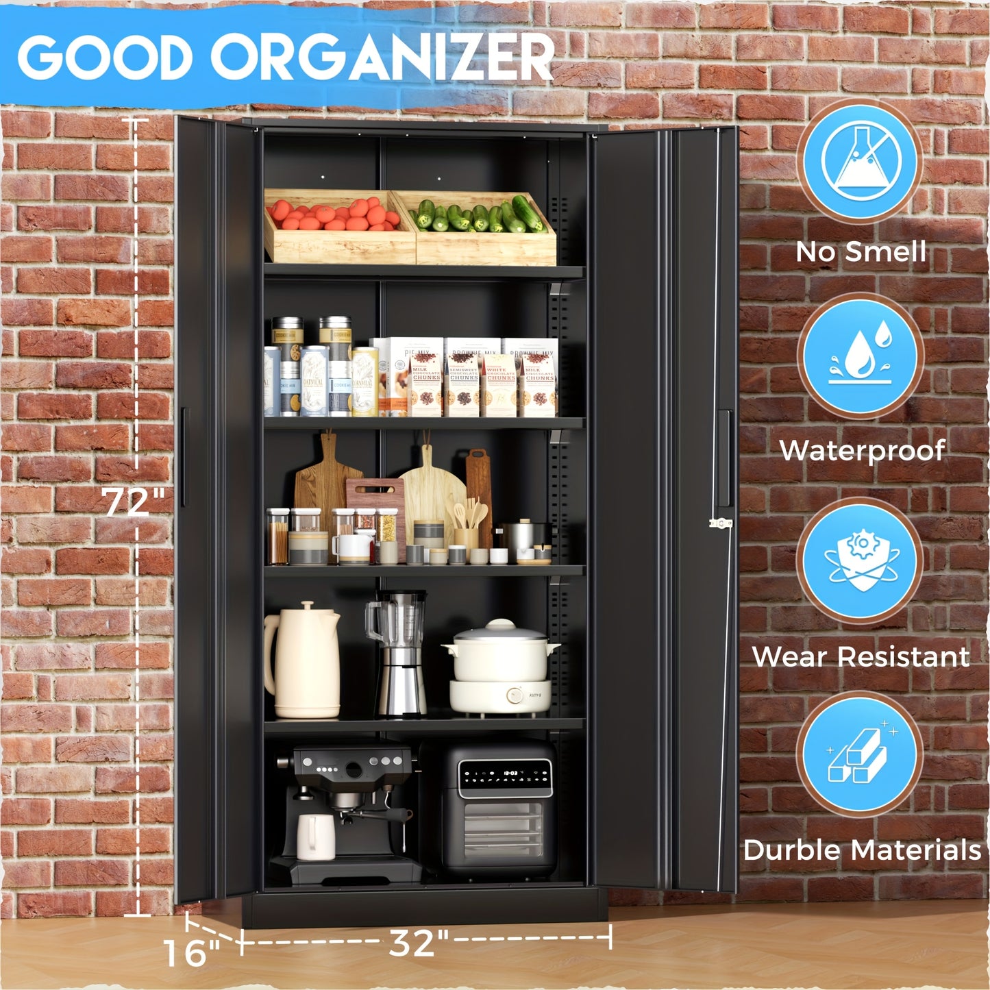 Metal Storage Cabinet, 71''/ 36''H for garage Storage Cabinet With Adjustable Shelves And Lockable Doors, Closet Storage And Organization For Garage, Gym, Home Office, School, Easy To Assemble