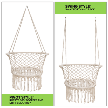 Magshion Macrame Hanging Swing Chair, Boho Style Hanging Rope Hammock Chair w/Tassels Max 350 lbs for Porch, Balcony,Outdoor