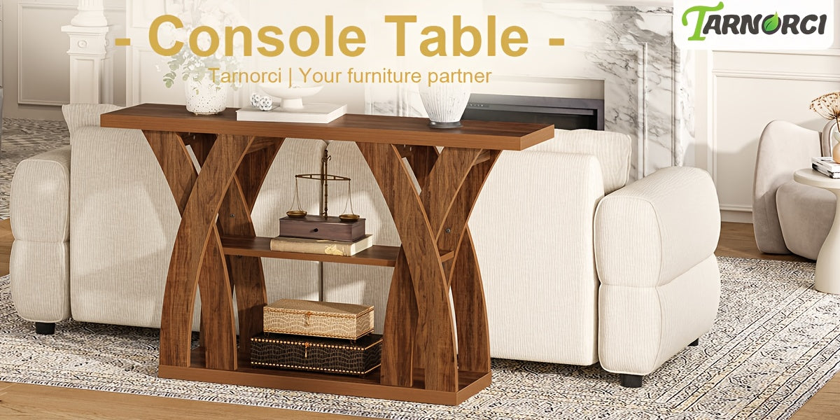 55 "Wooden Rustic Console Table, X-Shaped Leg Design, 2-Tier Shelf. Multifunctional Storage. Suitable for Use Behind The Sofa in The Living Room, in The Corridor, in The Entrance Hall, Or at The Entrance. Light Brown And Tiger Brown