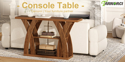 55 "Wooden Rustic Console Table, X-Shaped Leg Design, 2-Tier Shelf. Multifunctional Storage. Suitable for Use Behind The Sofa in The Living Room, in The Corridor, in The Entrance Hall, Or at The Entrance. Light Brown And Tiger Brown