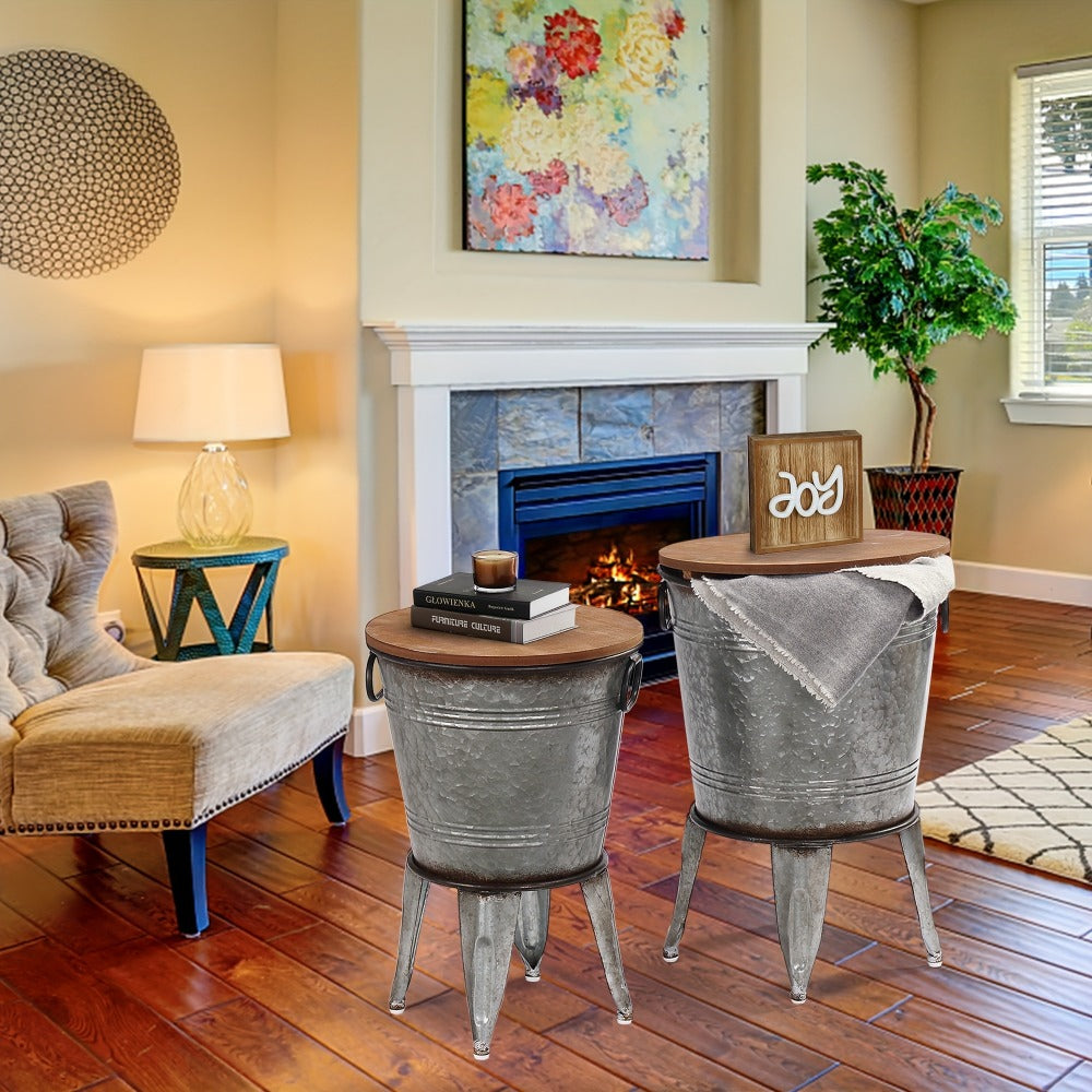 Set of 2 Rustic Farmhouse End Tables with Round Wood Lids, Galvanized Metal Nesting Accent Side Tables for Living Room Bedroom Entryway, Stackable Vintage Décor Tables in Galvanized Black Distressed White