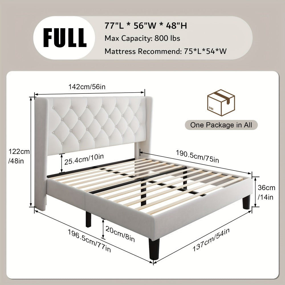 Modern Platform Bed Frame with 24-Inch Button-Tufted Headboard – Solid Wood Slats, Artistic Legs, Linen & Velvet, Dark Gray Light Grey Beige White Black, Full Queen King