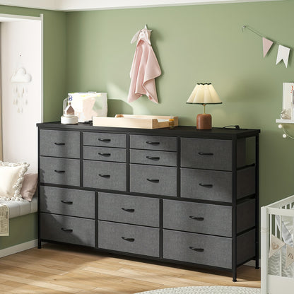 [16 Drawers Storage Cabinet] Fabric Drawer Storage Cabinet, 16 Drawers, Long, Black Wood Grain/White/Tiger Stripe/Medium Gray