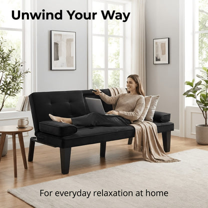 Convertible Futon Sofa Bed 67 Inch Sleeper Couch with Adjustable Backrest, Cup Holders, Detachable Armrests & Side Pocket - Fold Flat Guest Bed for Living Room, Apartment, Dorm
