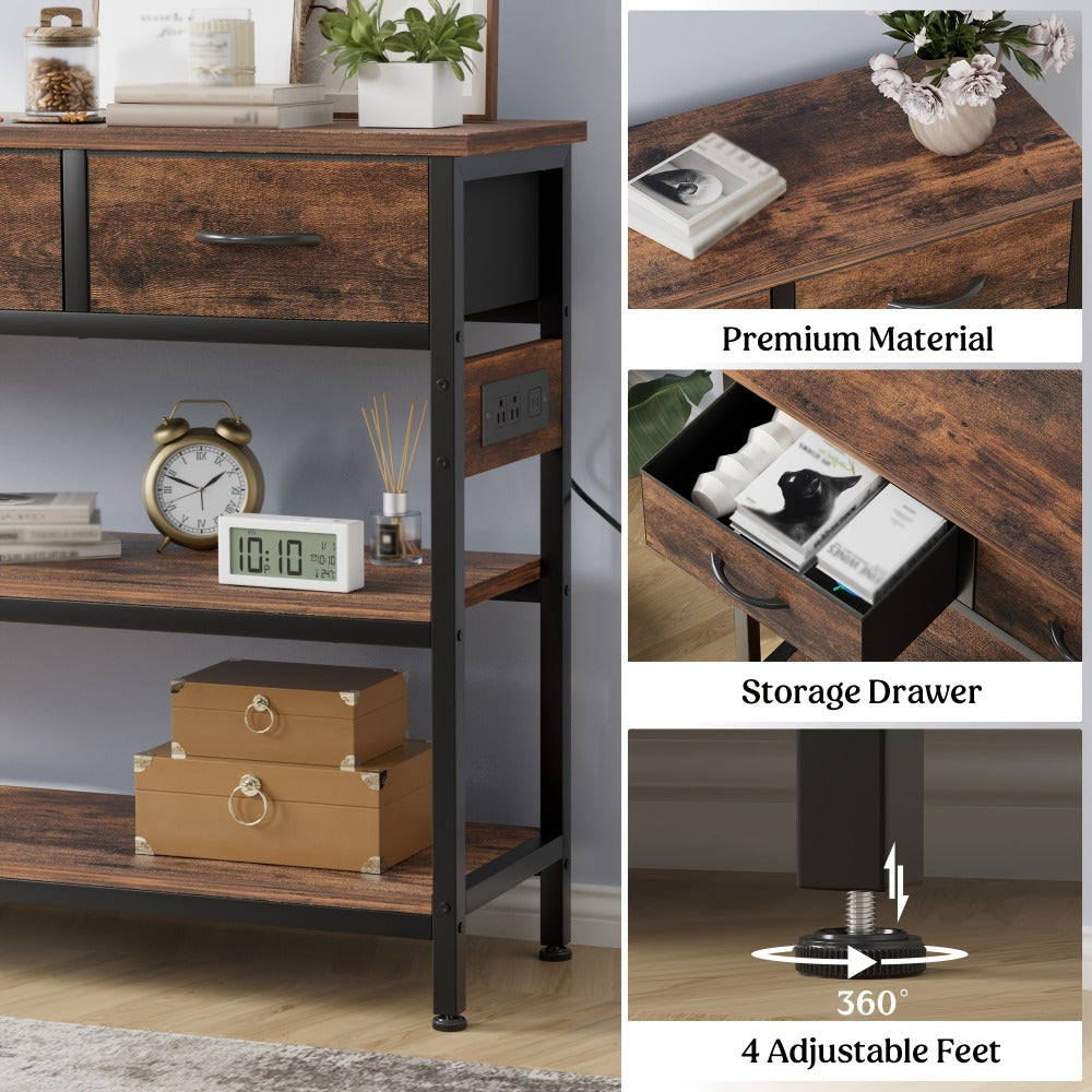 3-Tier Console Table with Charging Station 2 AC Outlets 2 USB Ports Fabric Drawers Open Shelves Narrow Entryway Sofa Table for Hallway Living Room Small Spaces