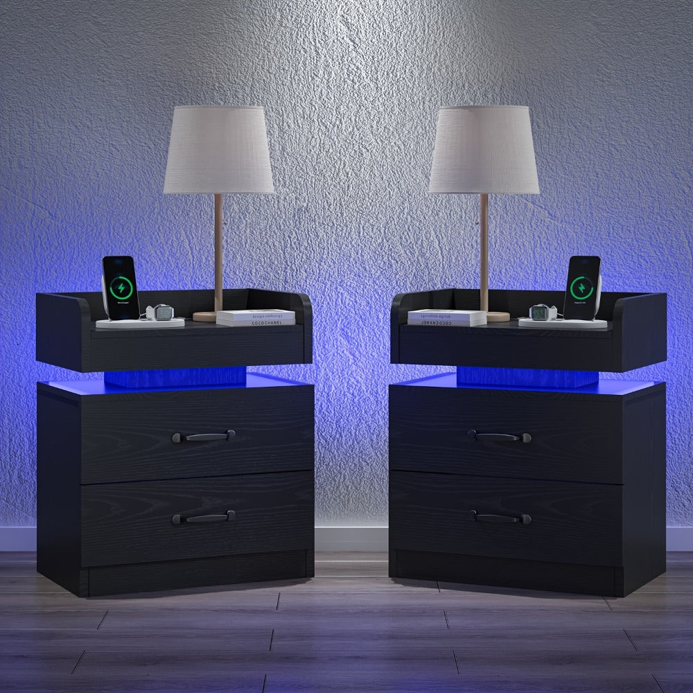 Nightstand with LED Lights & Charging Station – 2 Drawers Bedside Table, Modern End Table for Bedroom Living Room, White Black Grey, 1pc or 2pcs Set